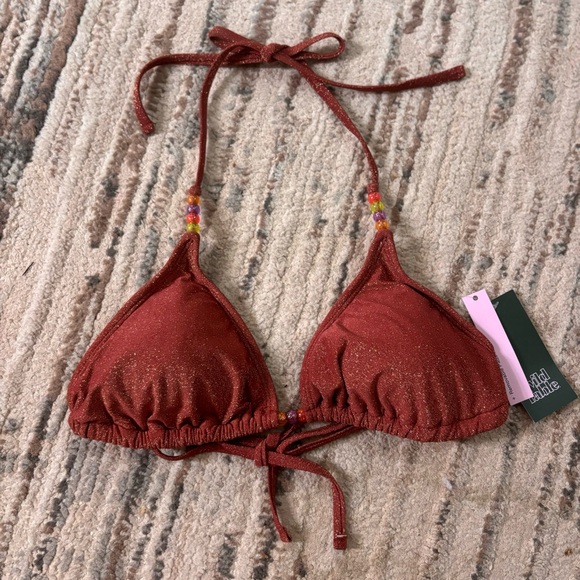 Rust Red Bikini Top with Beaded Straps - Picture 1 of 3